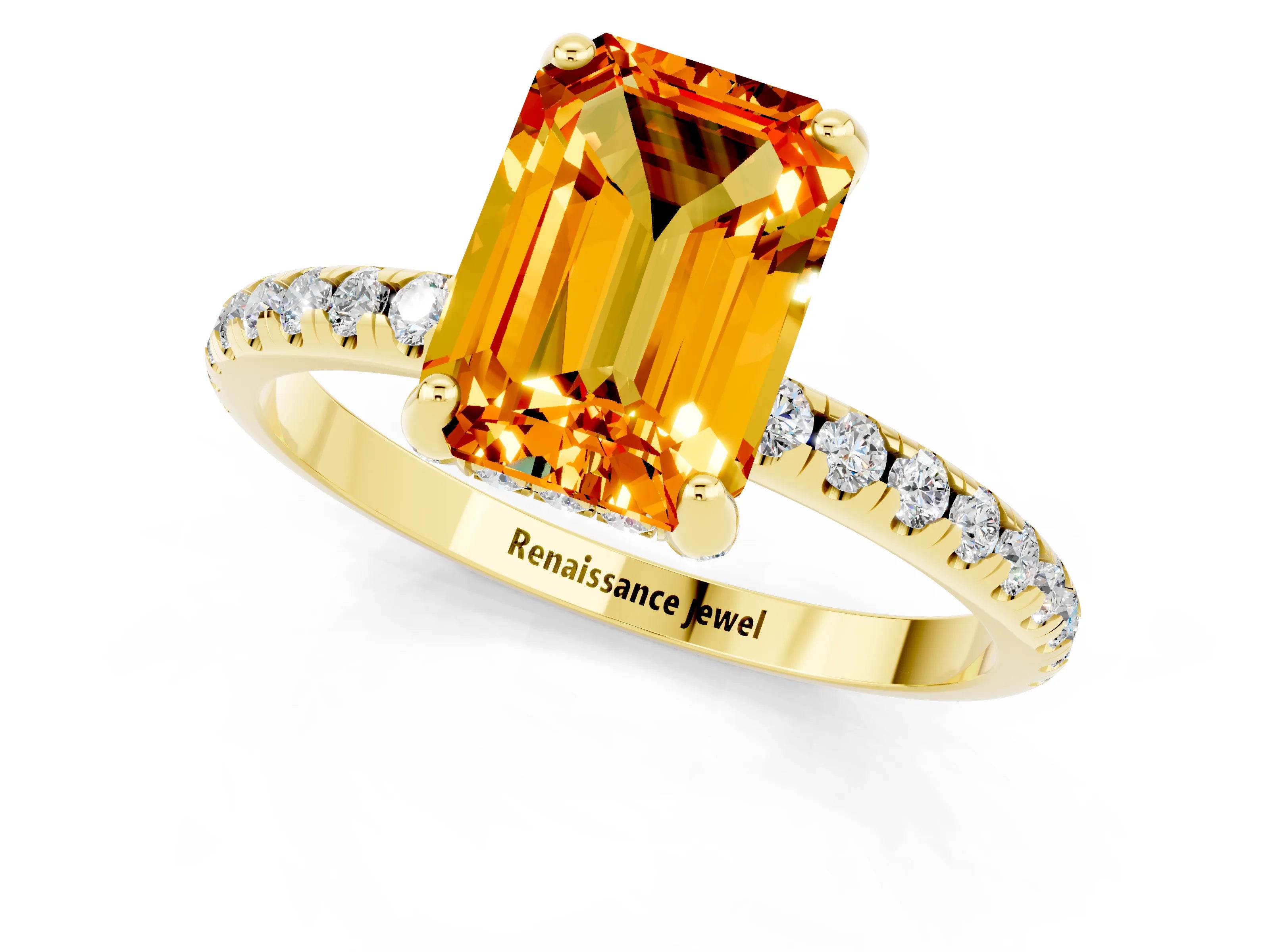 Yellow gold Emerald Cut Diamond Solitaire Ring with Four-Prong Setting and Pavé Band_1