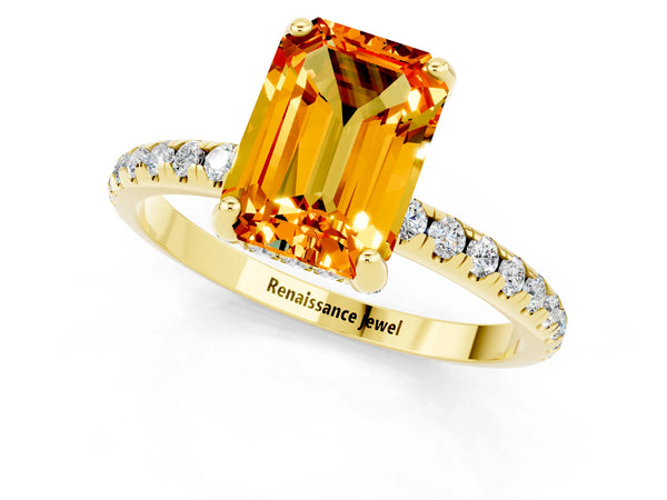 Yellow gold Emerald Cut Citrine Hidden Halo Engagement Ring with Round Pavé Band and Prong Setting