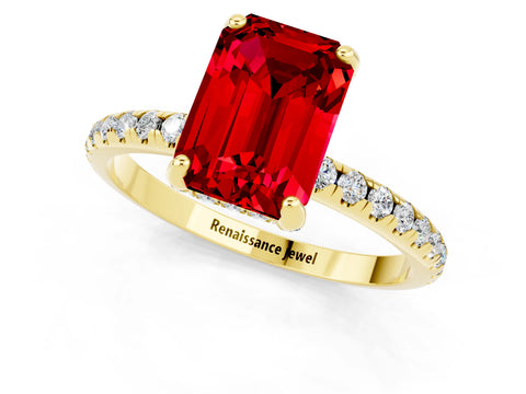Yellow gold Emerald Cut Diamond Solitaire Ring with Four-Prong Setting and Pavé Band_1