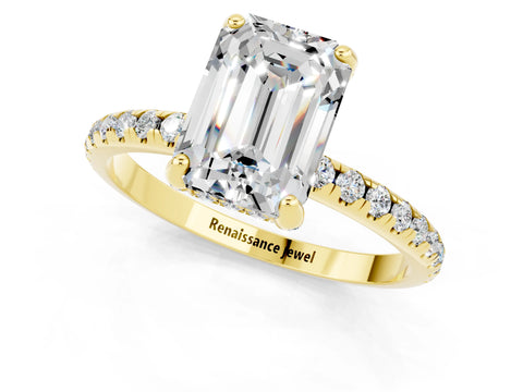 Yellow gold Emerald Cut Diamond Solitaire Ring with Four-Prong Setting and Pavé Band_1