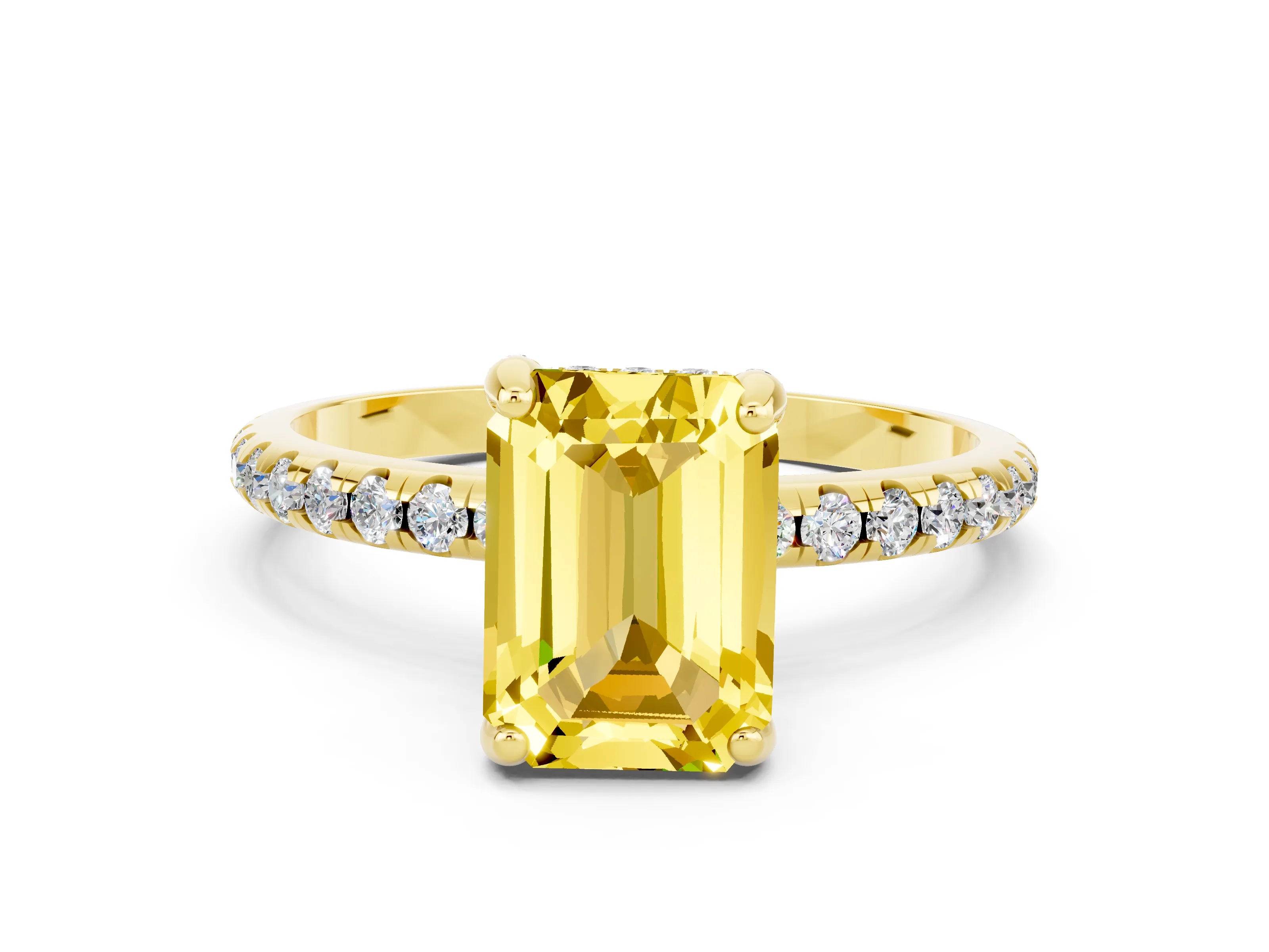 Yellow gold Emerald Cut Diamond Solitaire Ring with Four-Prong Setting and Pavé Band