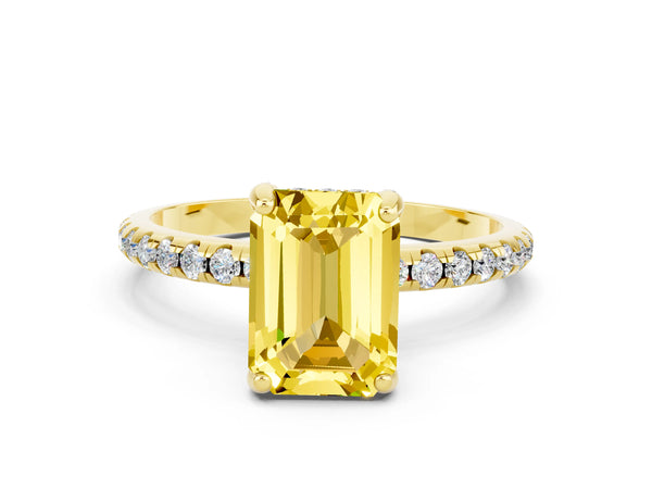 Yellow gold Emerald Cut Yellow Sapphire Hidden Halo Engagement Ring with Round Pavé Band and Prong Setting