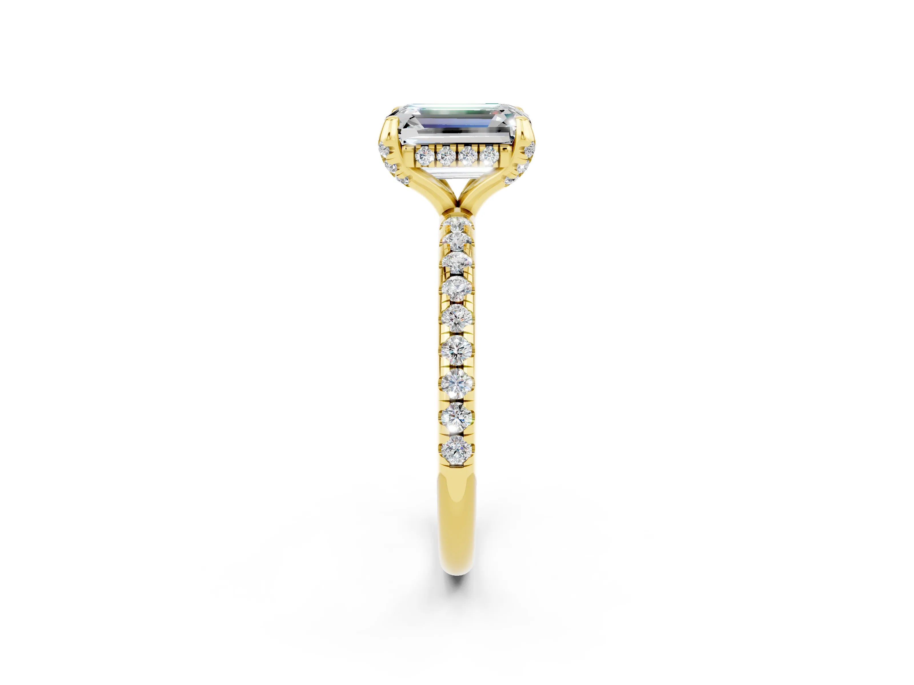 Yellow gold Emerald Cut Diamond Solitaire Ring with Four-Prong Setting and Pavé Band_2