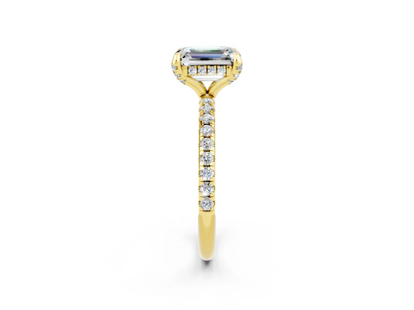 Yellow gold Emerald Cut Moissanite Hidden Halo Engagement Ring with Round Pavé Band and Prong Setting