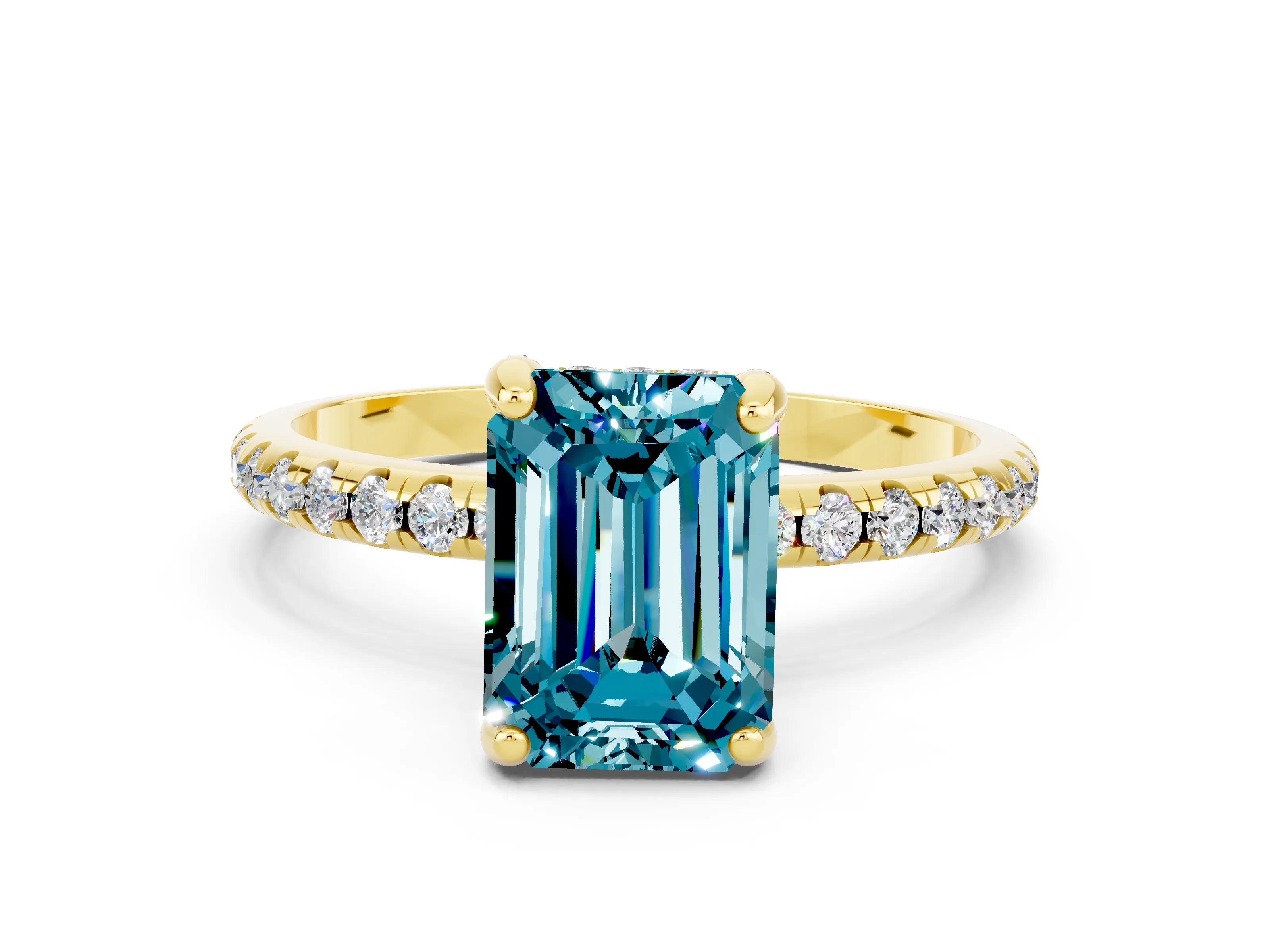 Yellow gold Emerald Cut Diamond Solitaire Ring with Four-Prong Setting and Pavé Band
