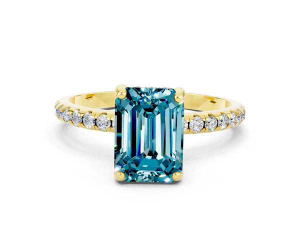 Yellow gold Emerald Cut Diamond Solitaire Ring with Four-Prong Setting and Pavé Band