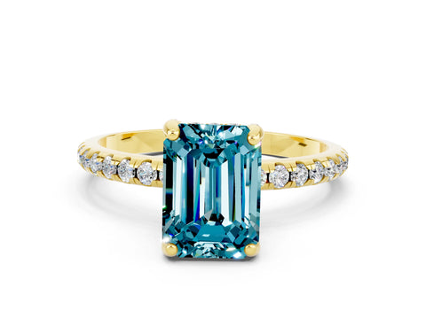 Yellow gold Emerald Cut Diamond Solitaire Ring with Four-Prong Setting and Pavé Band