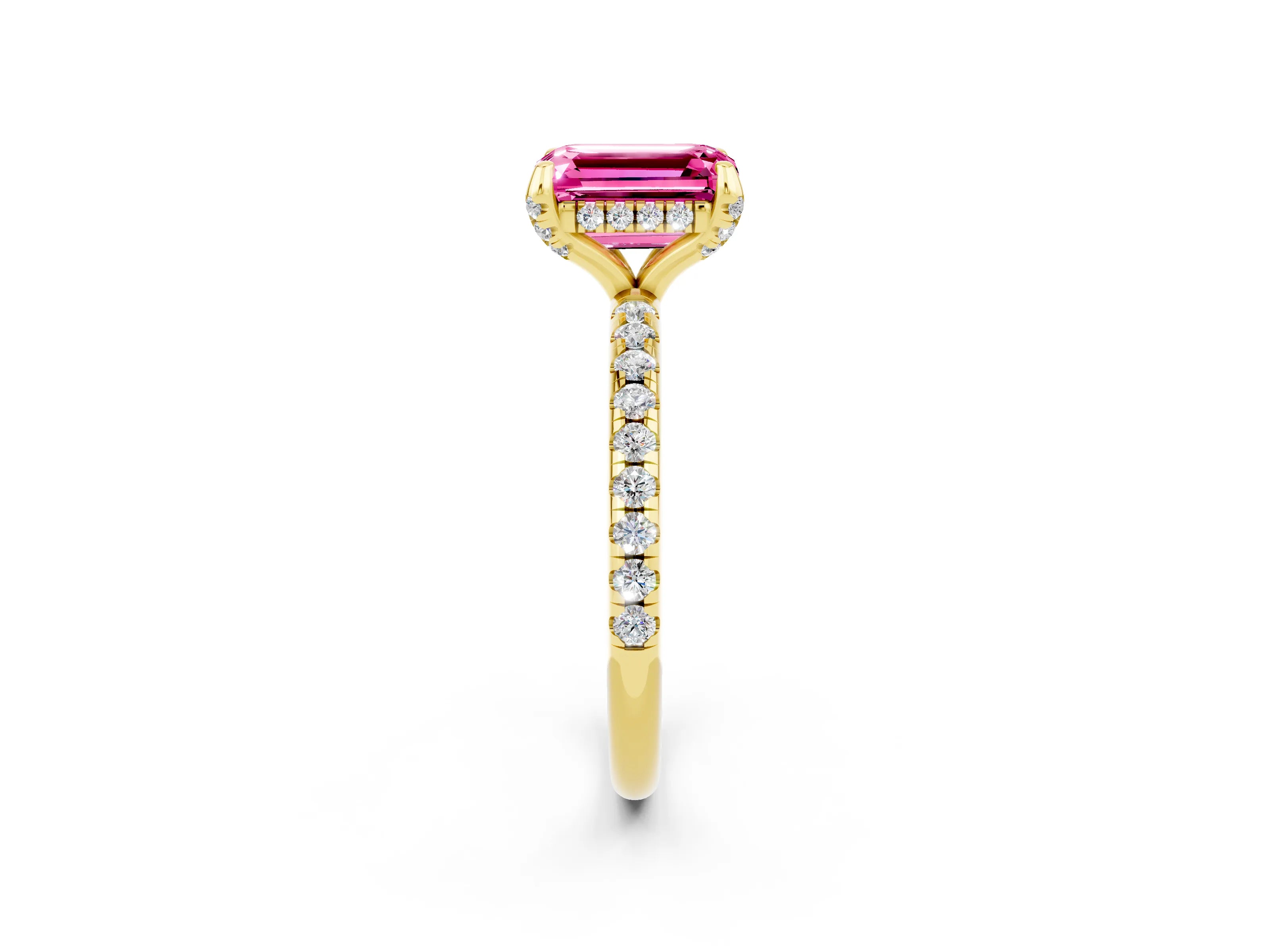 Yellow gold Emerald Cut Diamond Solitaire Ring with Four-Prong Setting and Pavé Band_2