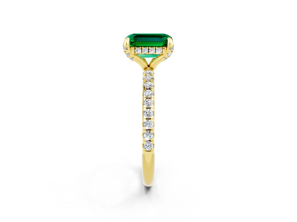 Yellow gold Emerald Cut Emerald Hidden Halo Engagement Ring with Round Pavé Band and Prong Setting