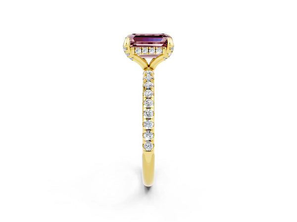 Yellow gold Emerald Cut Diamond Solitaire Ring with Four-Prong Setting and Pavé Band
