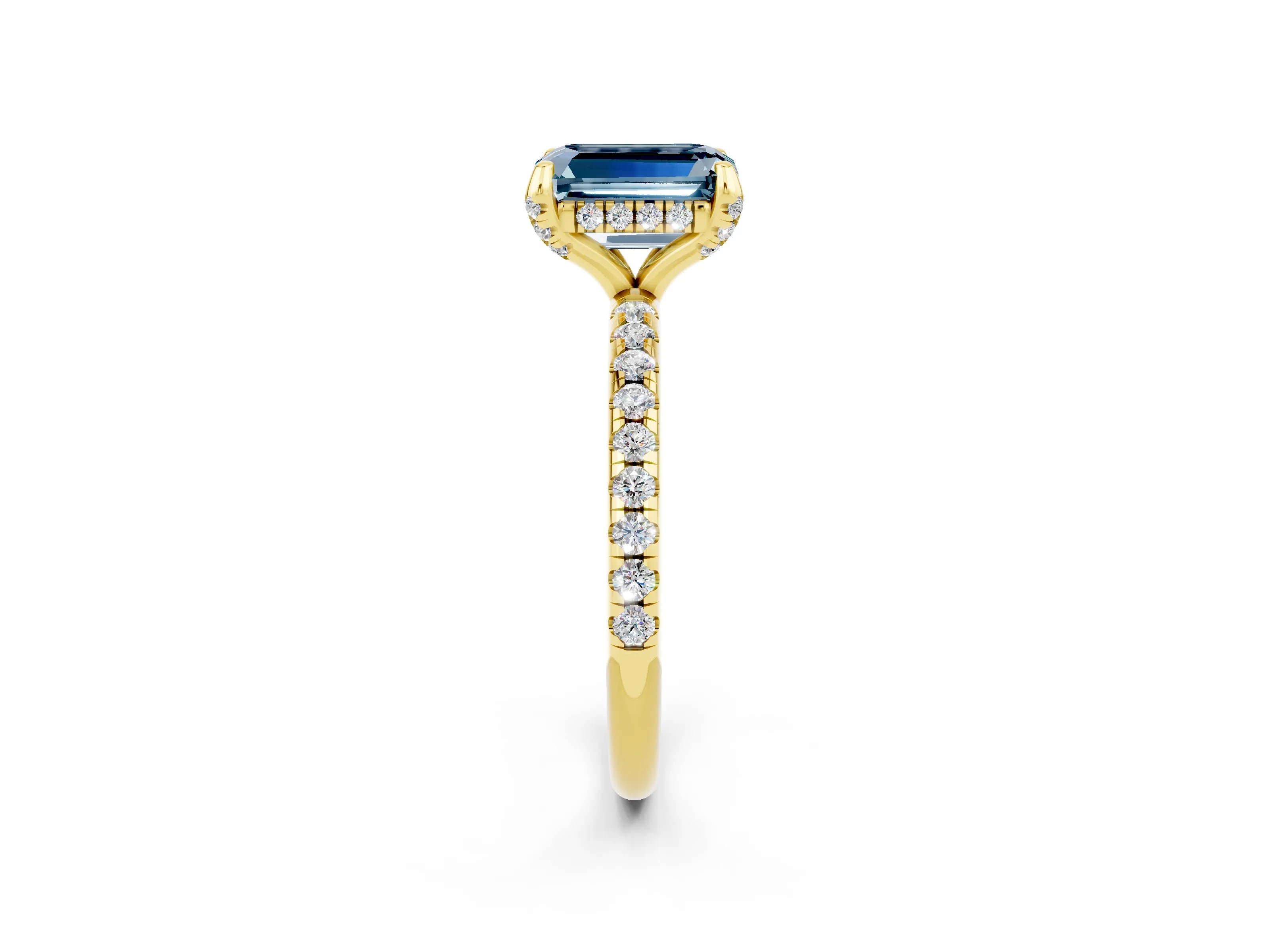 Yellow gold Emerald Cut Diamond Solitaire Ring with Four-Prong Setting and Pavé Band_2
