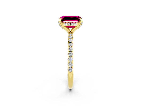 Yellow gold Emerald Cut Garnet Hidden Halo Engagement Ring with Round Pavé Band and Prong Setting