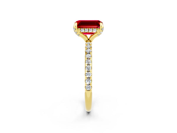 Yellow gold Emerald Cut Diamond Solitaire Ring with Four-Prong Setting and Pavé Band