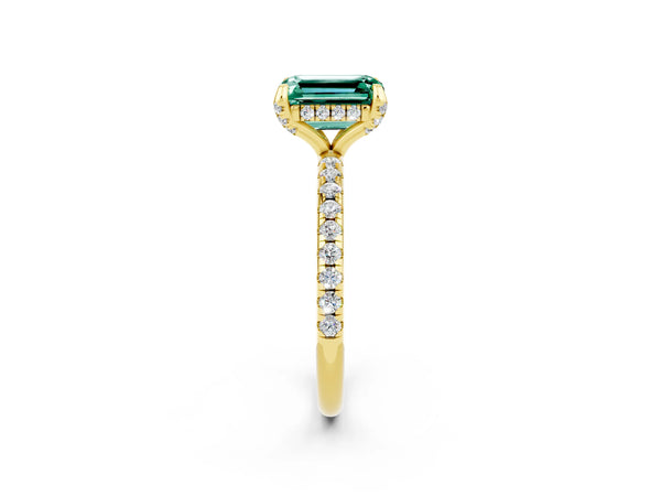 Yellow gold Emerald Cut Green Sapphire Hidden Halo Engagement Ring with Round Pavé Band and Prong Setting