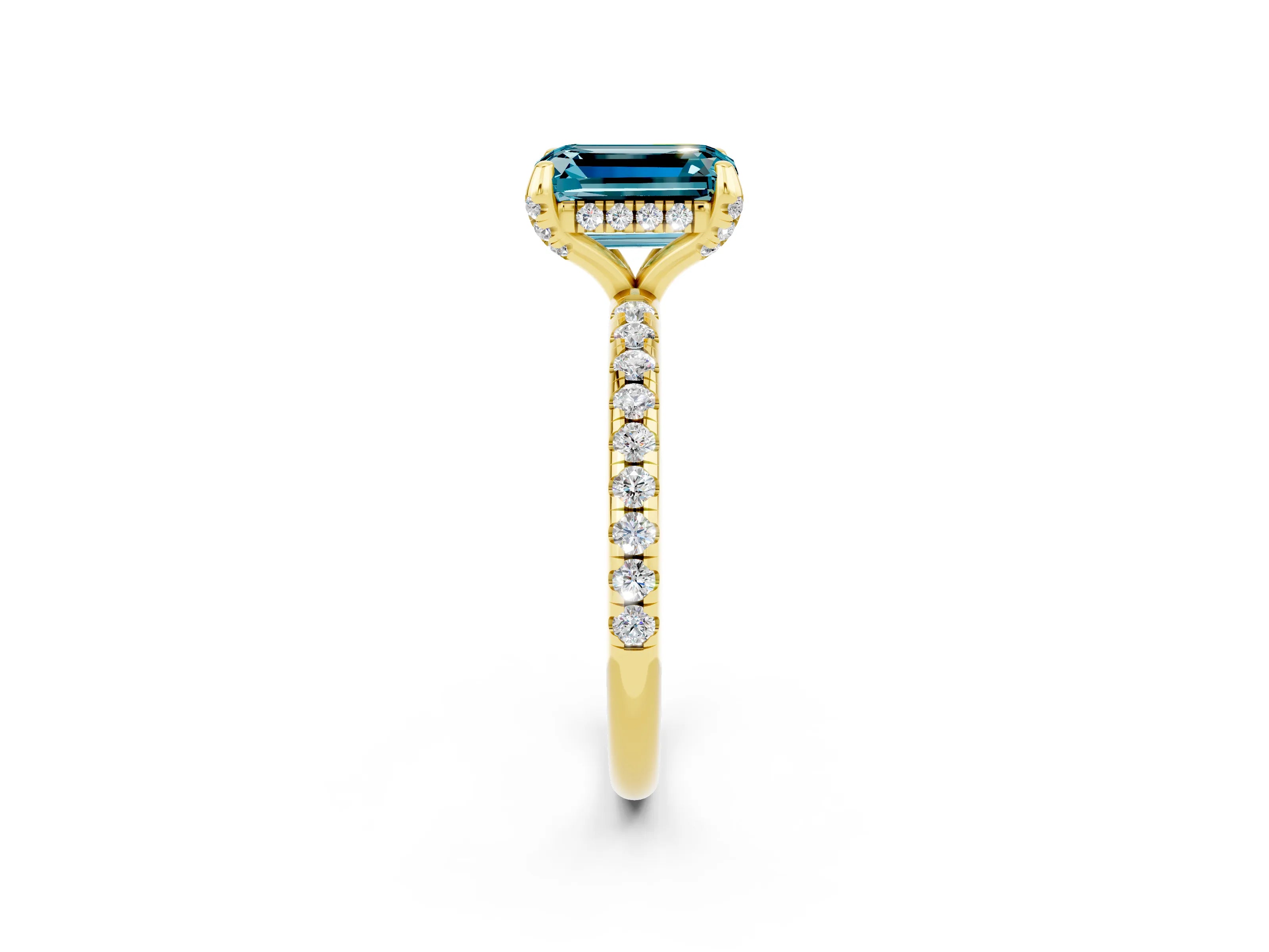 Yellow gold Emerald Cut Diamond Solitaire Ring with Four-Prong Setting and Pavé Band_2