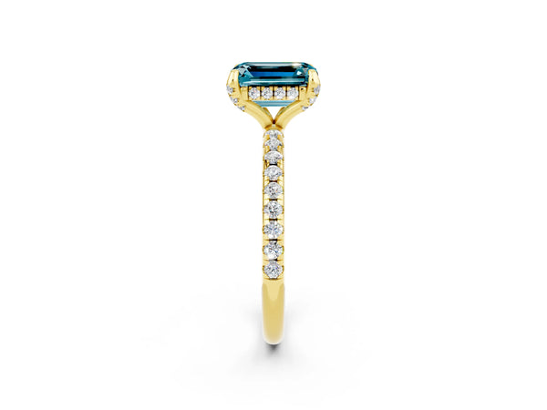 Yellow gold Emerald Cut Diamond Solitaire Ring with Four-Prong Setting and Pavé Band
