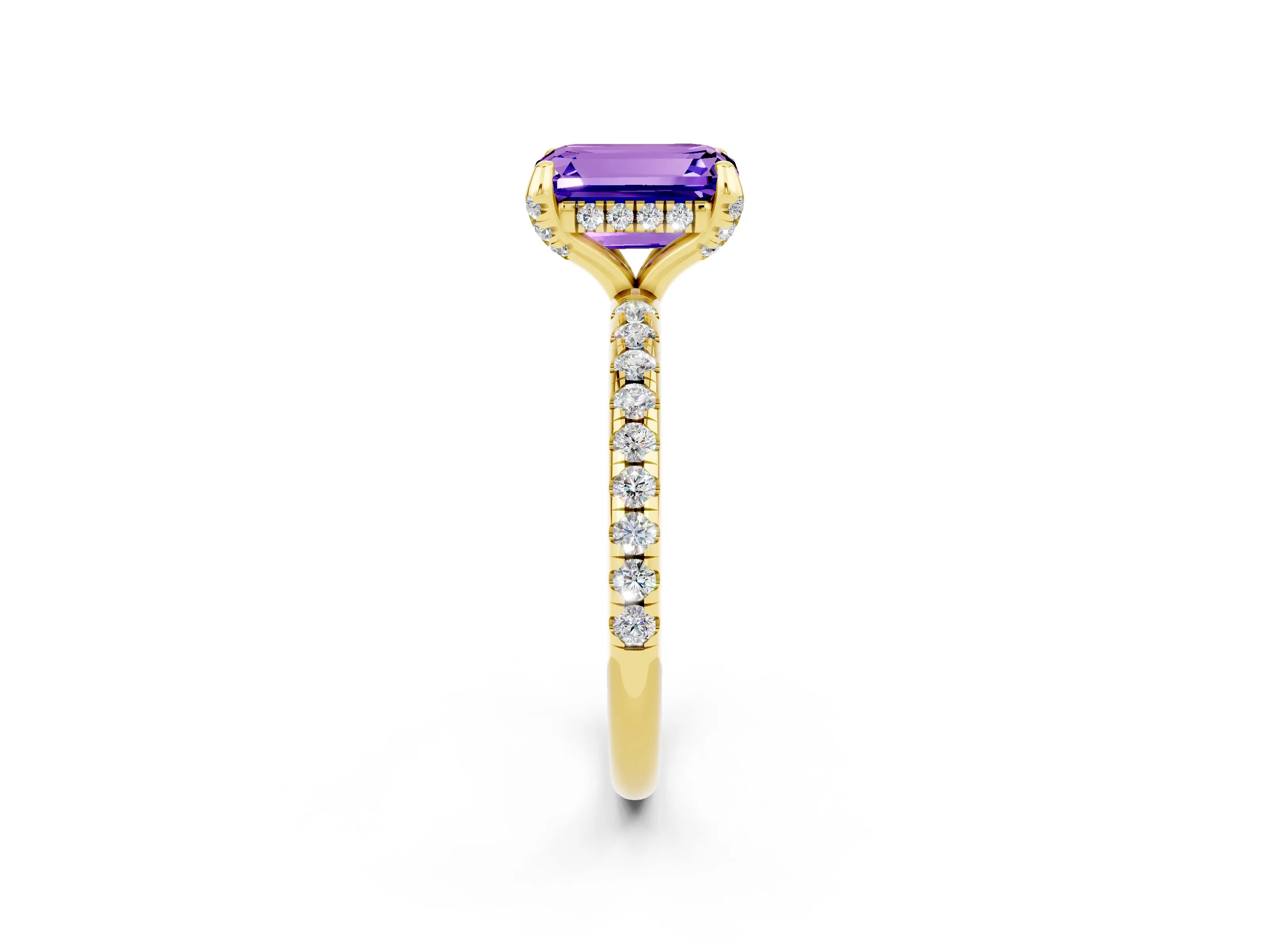 Yellow gold Emerald Cut Diamond Solitaire Ring with Four-Prong Setting and Pavé Band_2