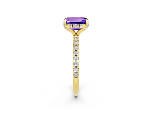 Yellow gold Emerald Cut Tanzanite Hidden Halo Engagement Ring with Round Pavé Band and Prong Setting