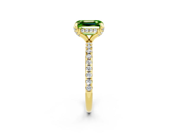 Yellow gold Emerald Cut Diamond Solitaire Ring with Four-Prong Setting and Pavé Band
