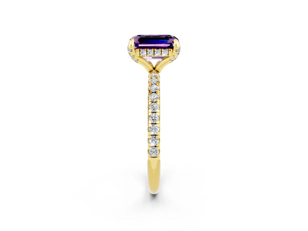 Yellow gold Emerald Cut Amethyst Hidden Halo Engagement Ring with Round Pavé Band and Prong Setting
