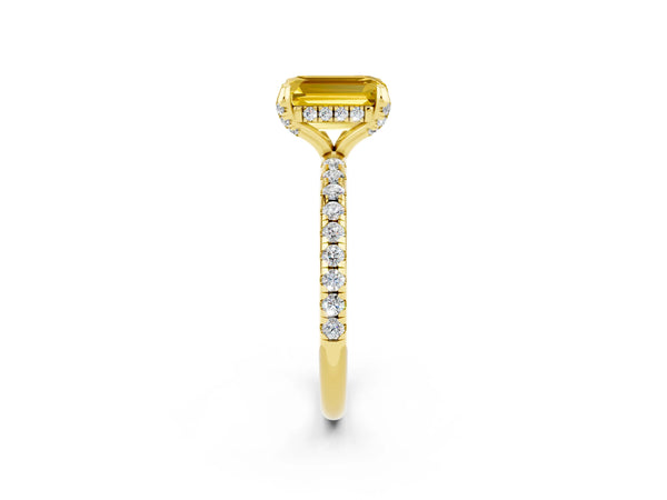 Yellow gold Emerald Cut Yellow Sapphire Hidden Halo Engagement Ring with Round Pavé Band and Prong Setting