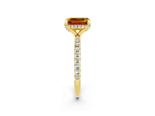 Yellow gold Emerald Cut Citrine Hidden Halo Engagement Ring with Round Pavé Band and Prong Setting