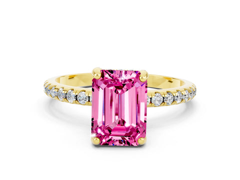 Yellow gold Emerald Cut Diamond Solitaire Ring with Four-Prong Setting and Pavé Band