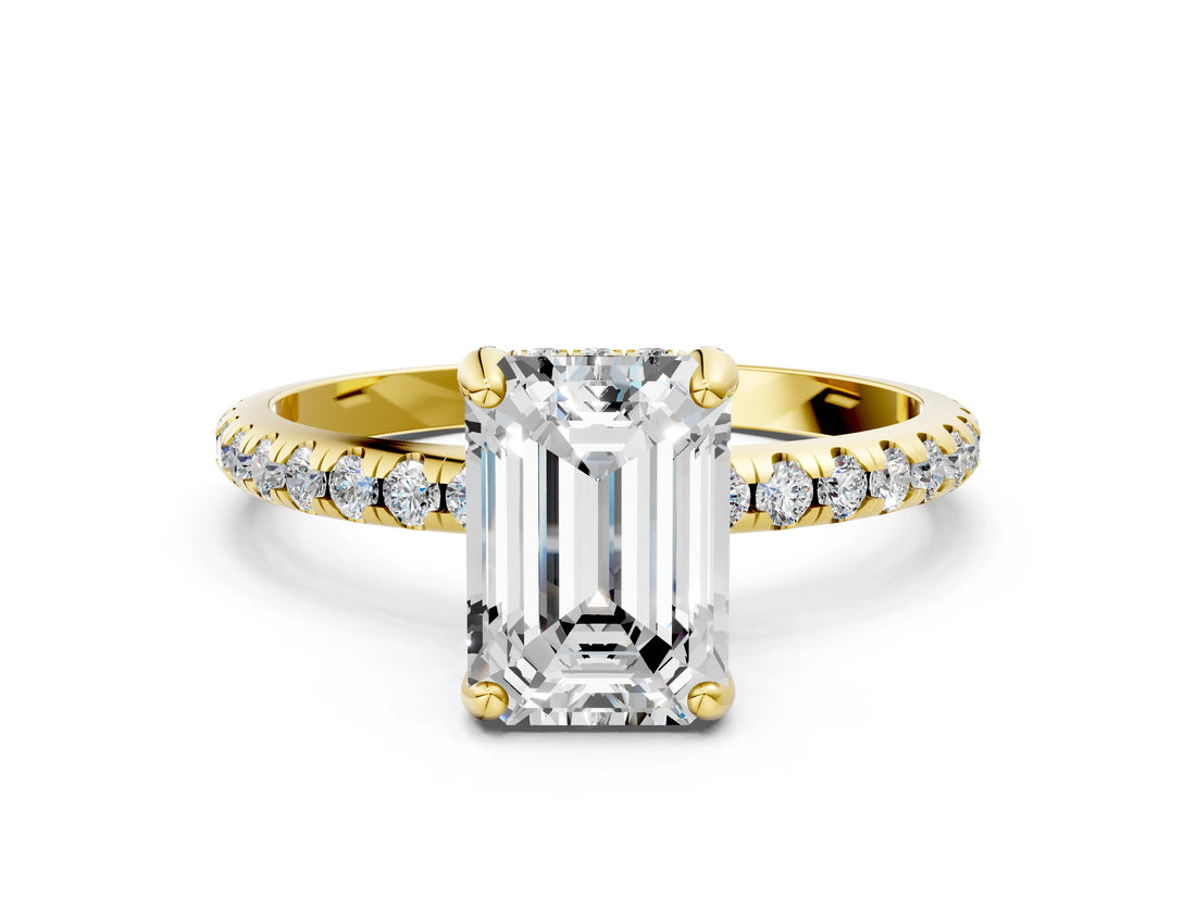 Yellow gold Emerald Cut Diamond Solitaire Ring with Four-Prong Setting and Pavé Band_3