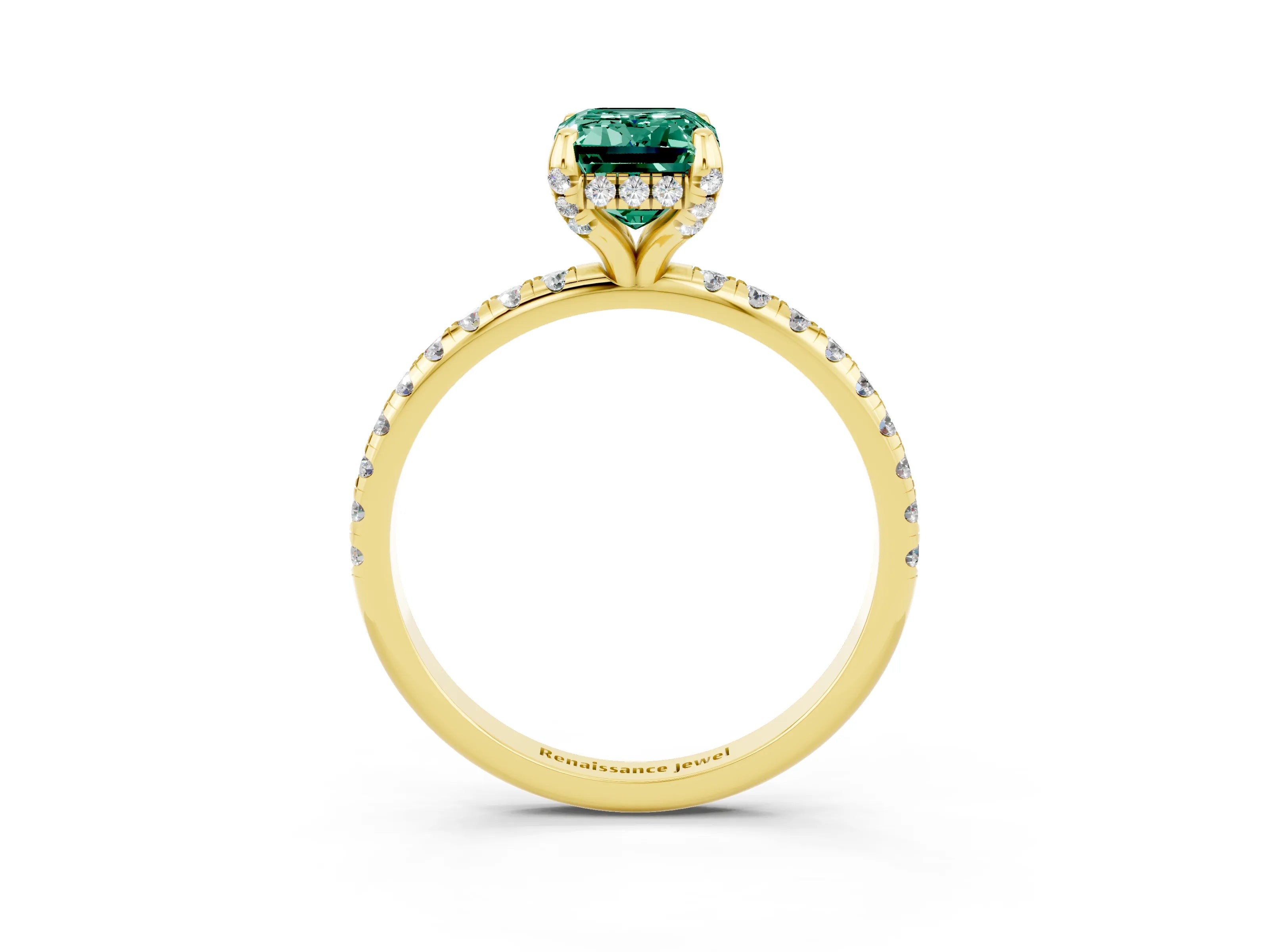 Yellow gold Emerald Cut Diamond Solitaire Ring with Four-Prong Setting and Pavé Band_3