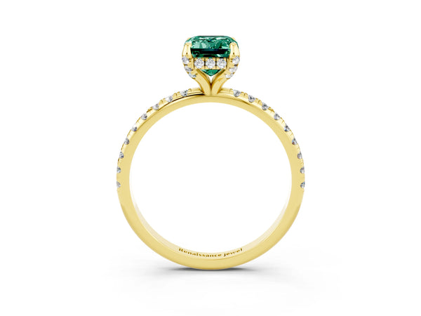 Yellow gold Emerald Cut Green Sapphire Hidden Halo Engagement Ring with Round Pavé Band and Prong Setting