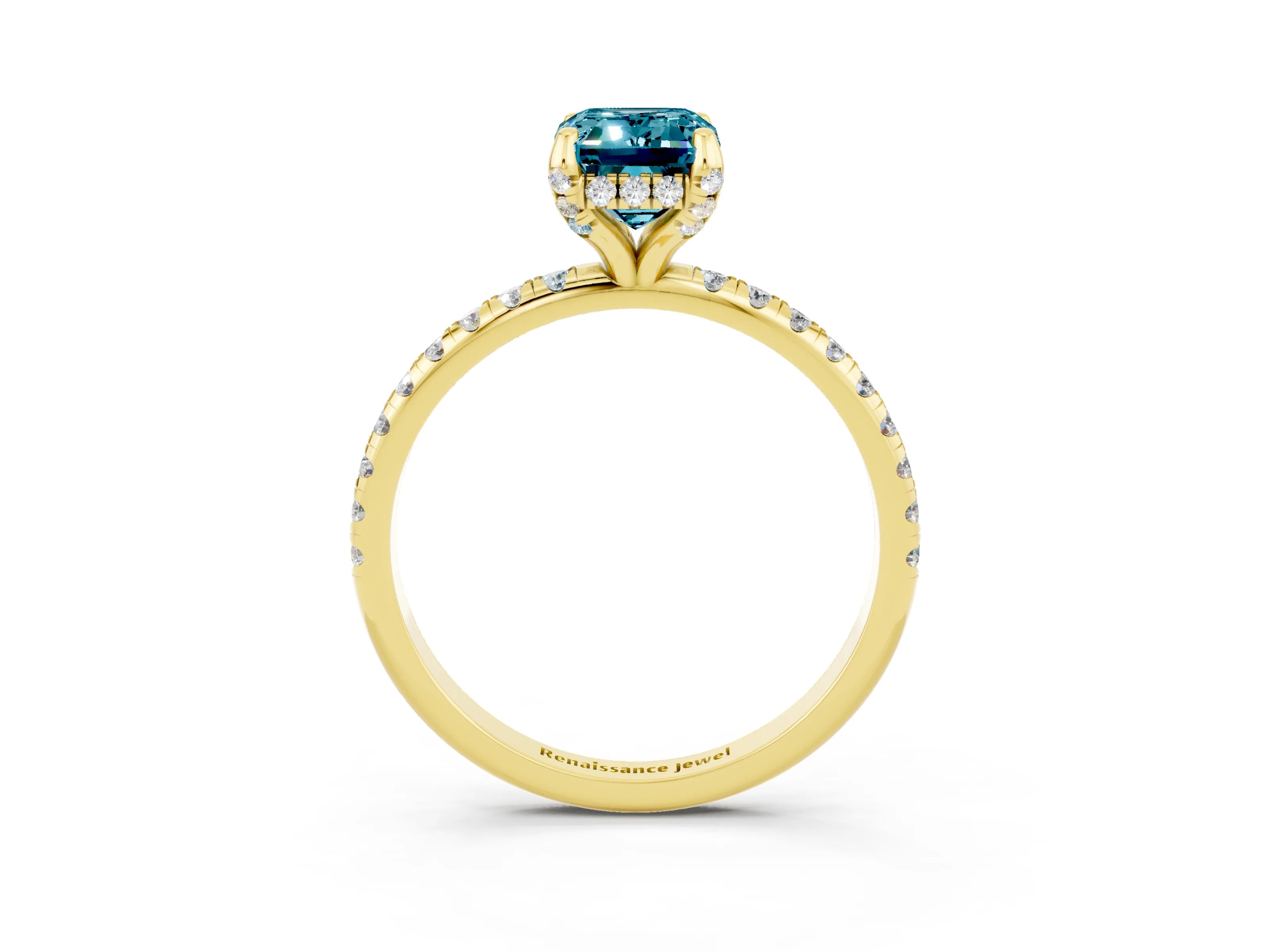 Yellow gold Emerald Cut Diamond Solitaire Ring with Four-Prong Setting and Pavé Band_3