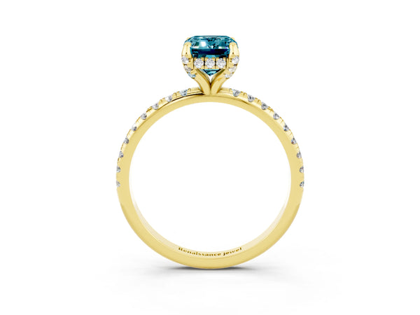 Yellow gold Emerald Cut Diamond Solitaire Ring with Four-Prong Setting and Pavé Band