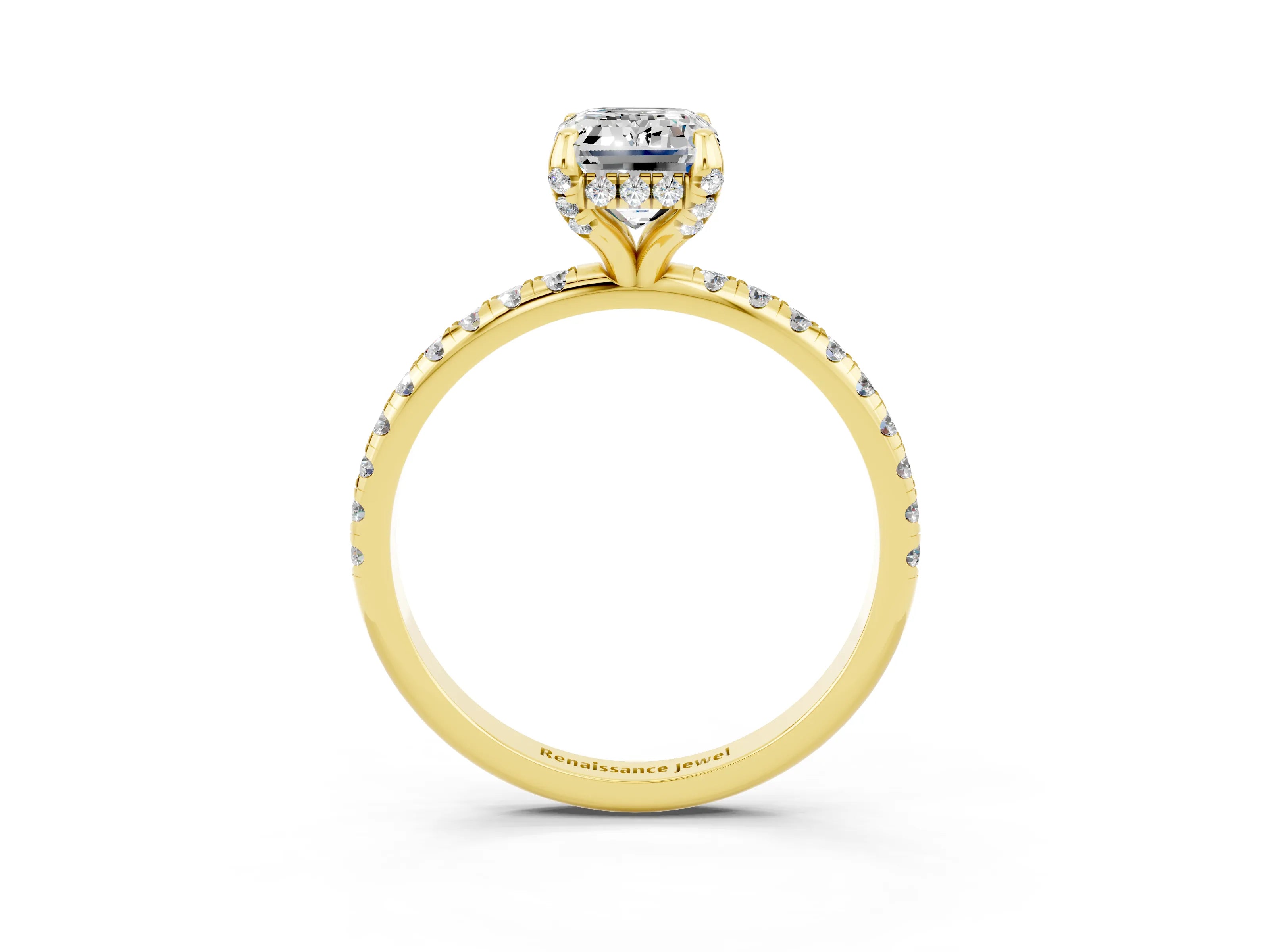 Yellow gold Emerald Cut Diamond Solitaire Ring with Four-Prong Setting and Pavé Band_3