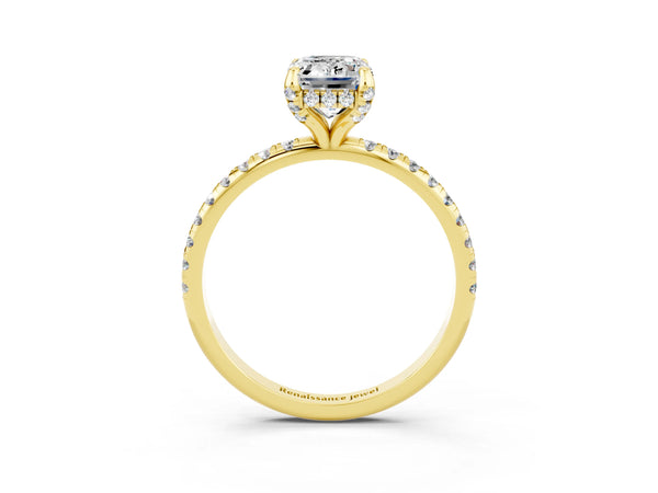 Yellow gold Emerald Cut Moissanite Hidden Halo Engagement Ring with Round Pavé Band and Prong Setting