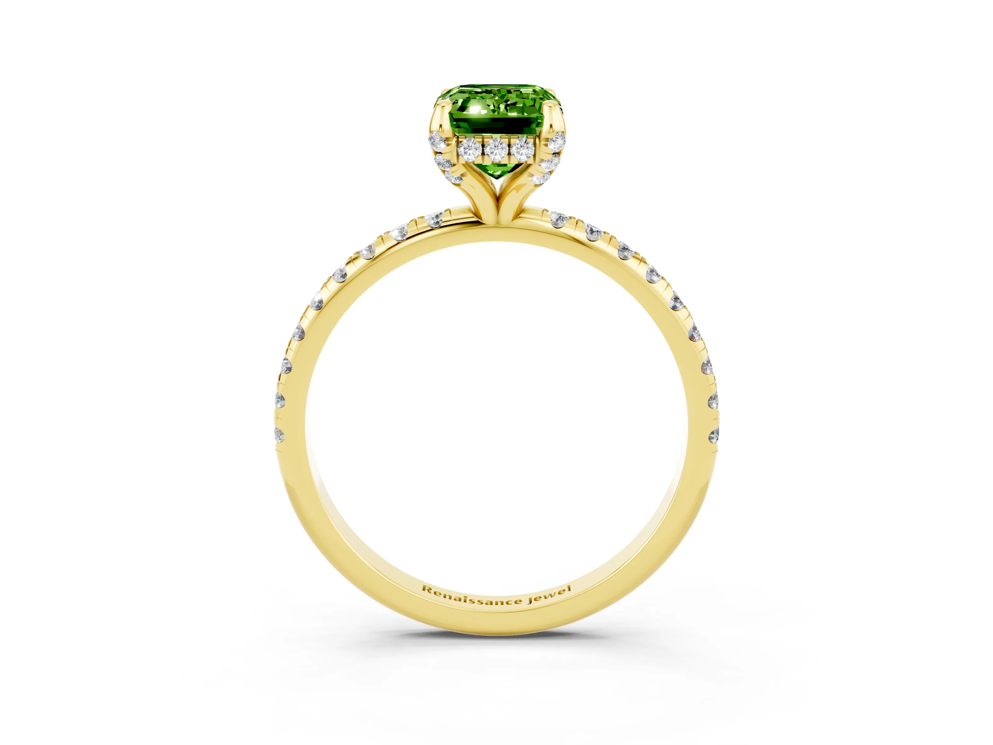 Yellow gold Emerald Cut Diamond Solitaire Ring with Four-Prong Setting and Pavé Band_3