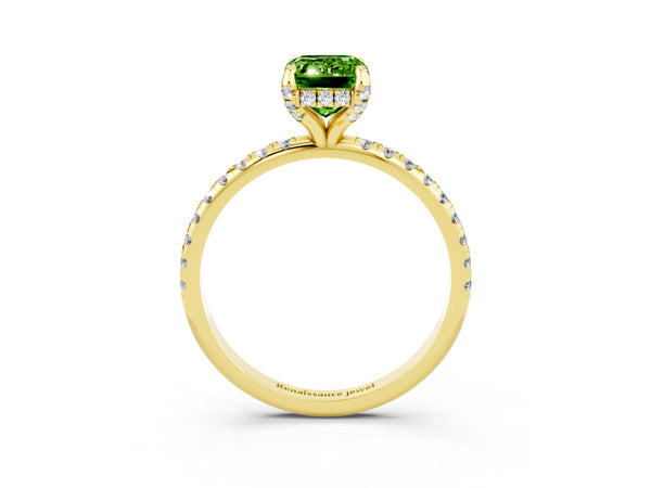 Yellow gold Emerald Cut Diamond Solitaire Ring with Four-Prong Setting and Pavé Band