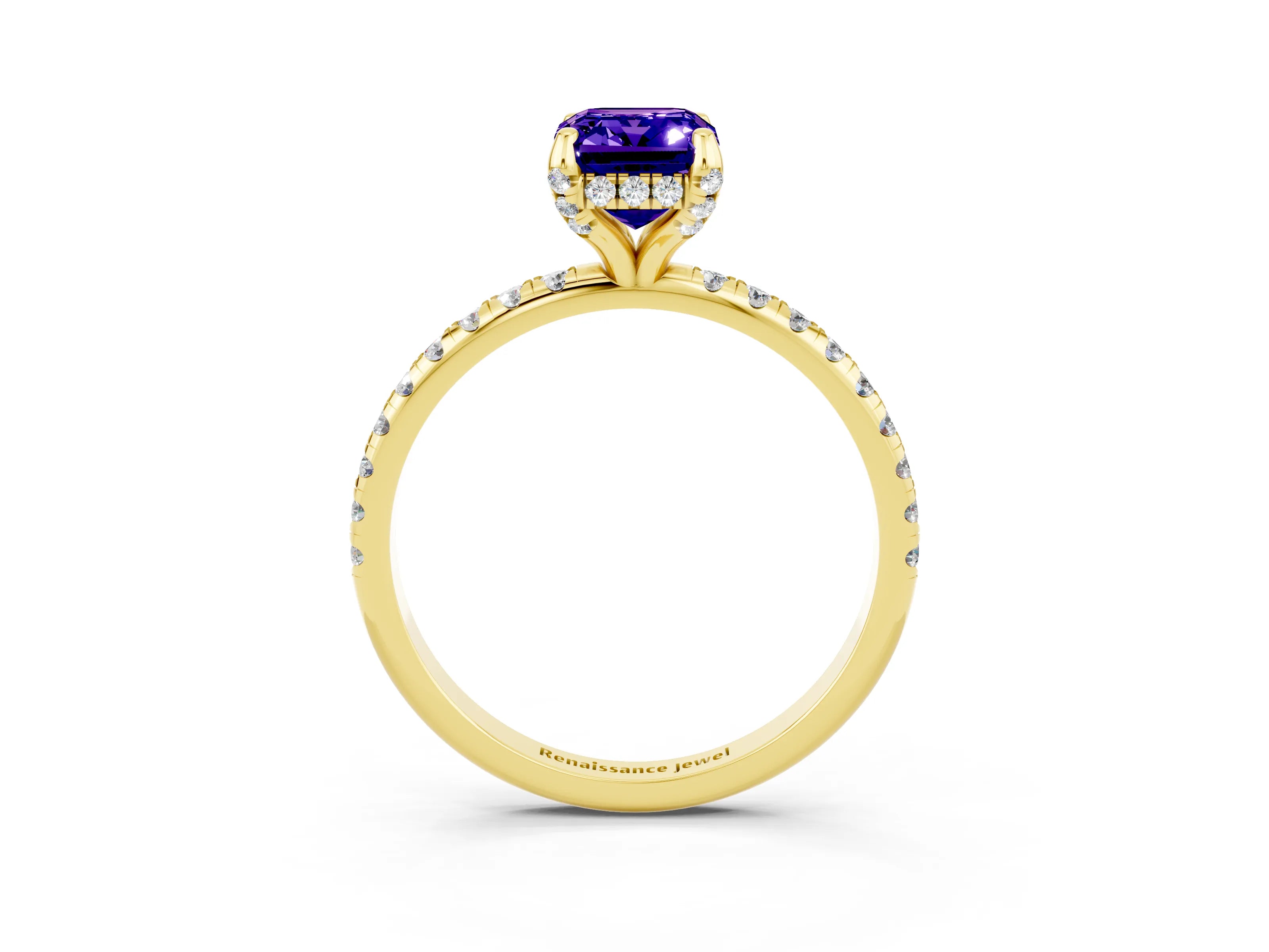 Yellow gold Emerald Cut Diamond Solitaire Ring with Four-Prong Setting and Pavé Band_3