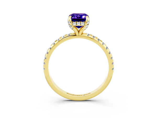 Yellow gold Emerald Cut Tanzanite Hidden Halo Engagement Ring with Round Pavé Band and Prong Setting