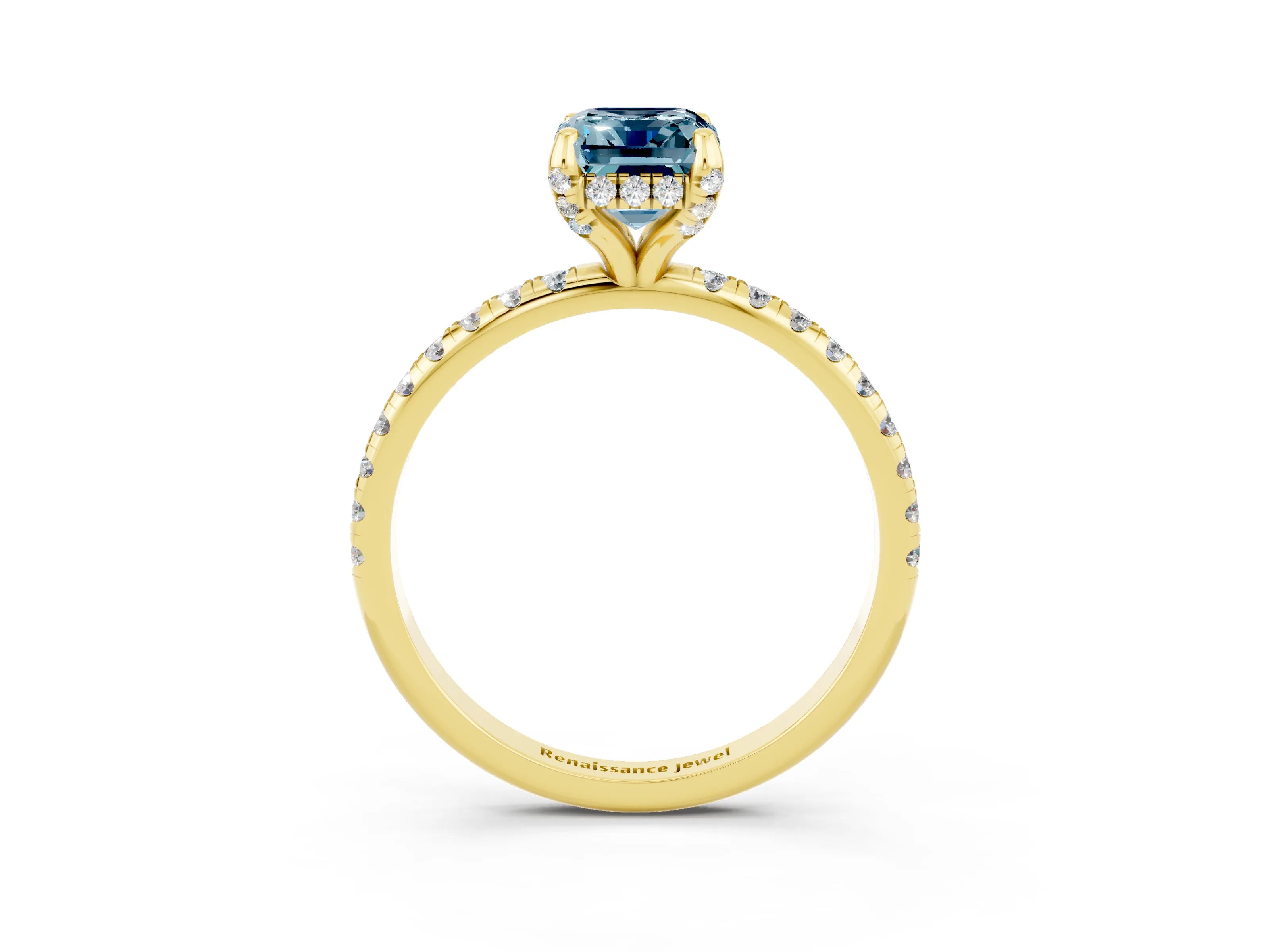 Yellow gold Emerald Cut Diamond Solitaire Ring with Four-Prong Setting and Pavé Band_3