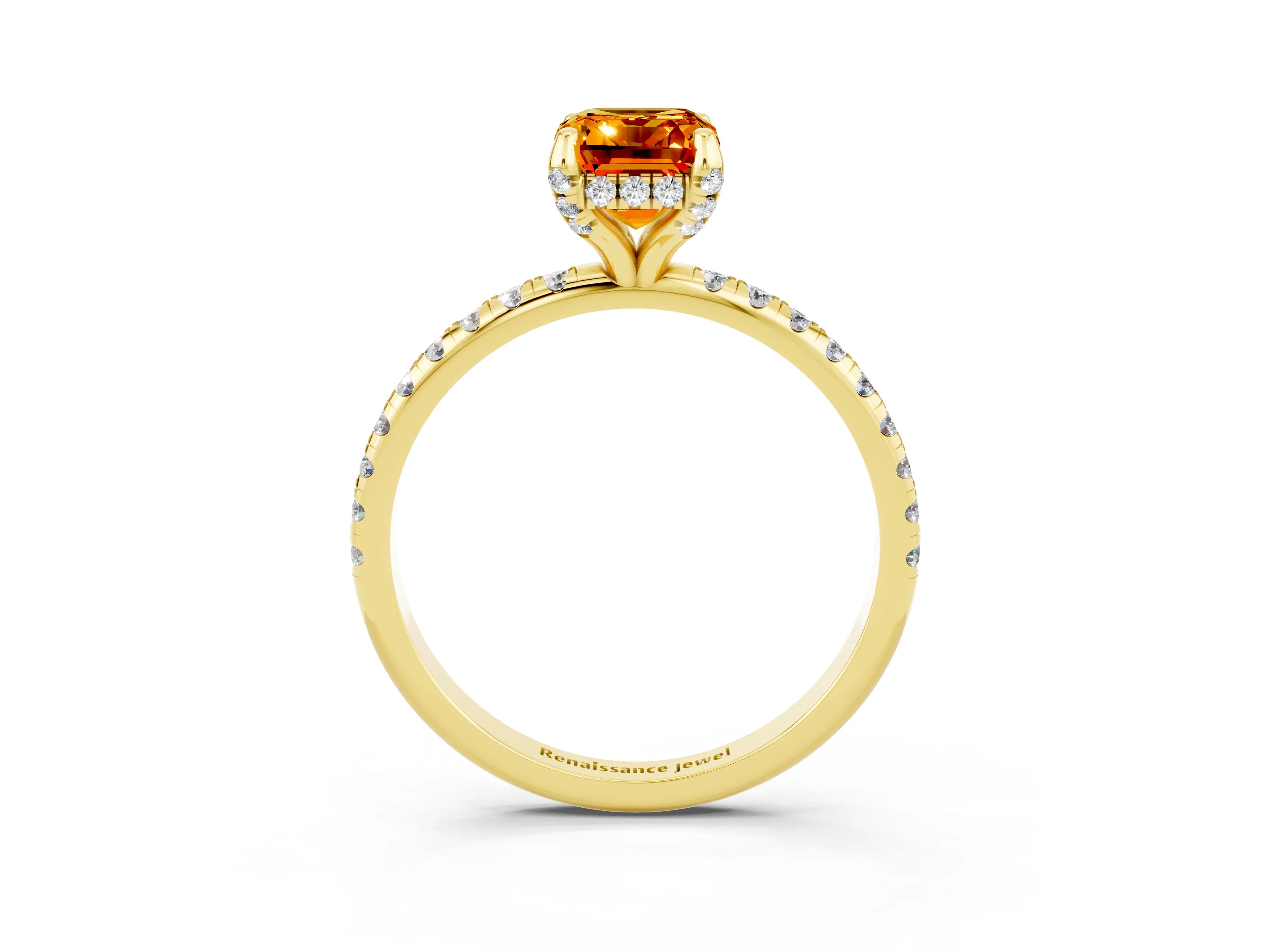 Yellow gold Emerald Cut Diamond Solitaire Ring with Four-Prong Setting and Pavé Band_3