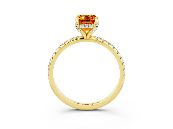 Yellow gold Emerald Cut Citrine Hidden Halo Engagement Ring with Round Pavé Band and Prong Setting