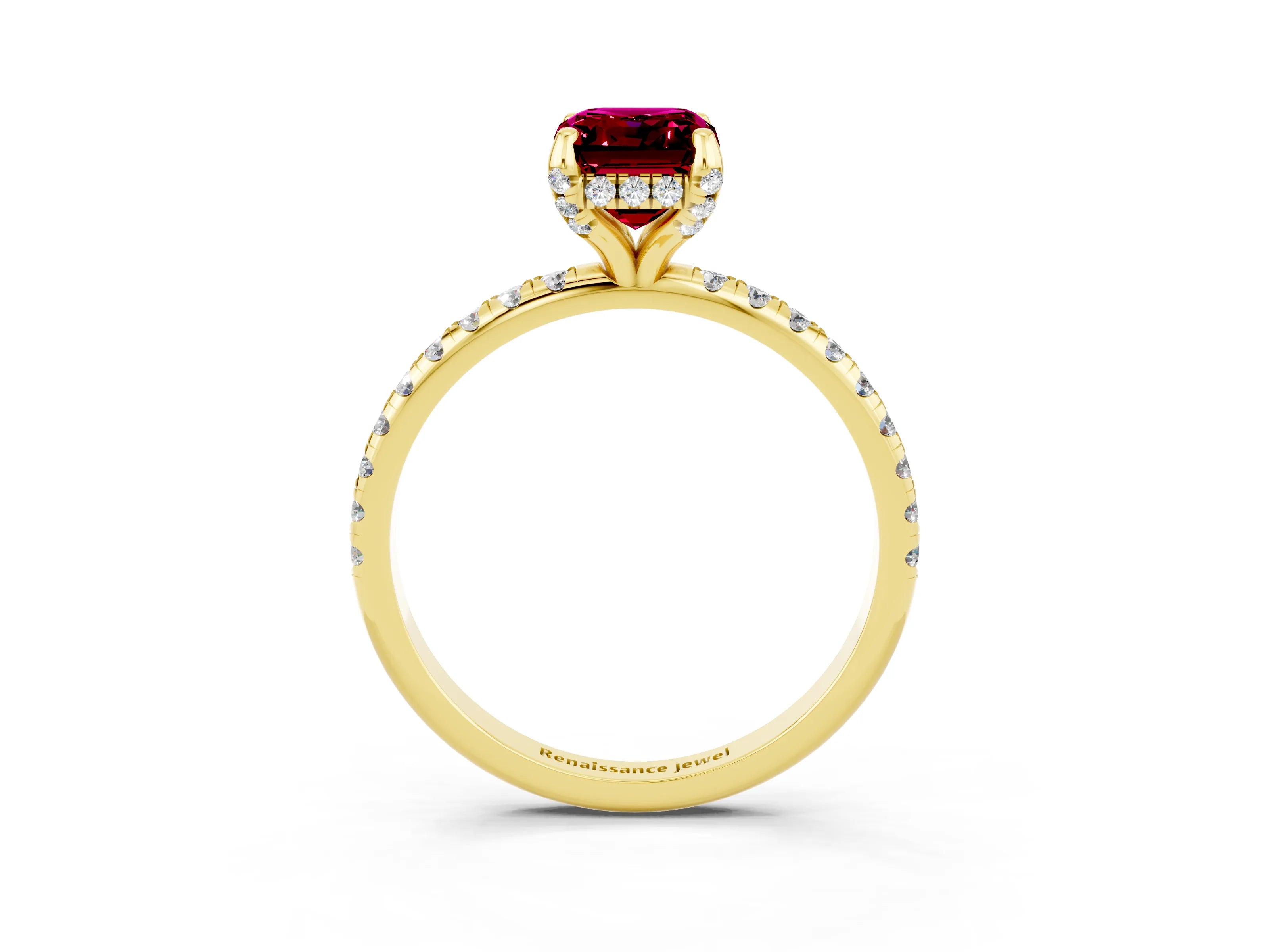 Yellow gold Emerald Cut Diamond Solitaire Ring with Four-Prong Setting and Pavé Band_3