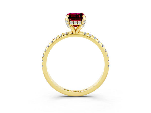 Yellow gold Emerald Cut Garnet Hidden Halo Engagement Ring with Round Pavé Band and Prong Setting