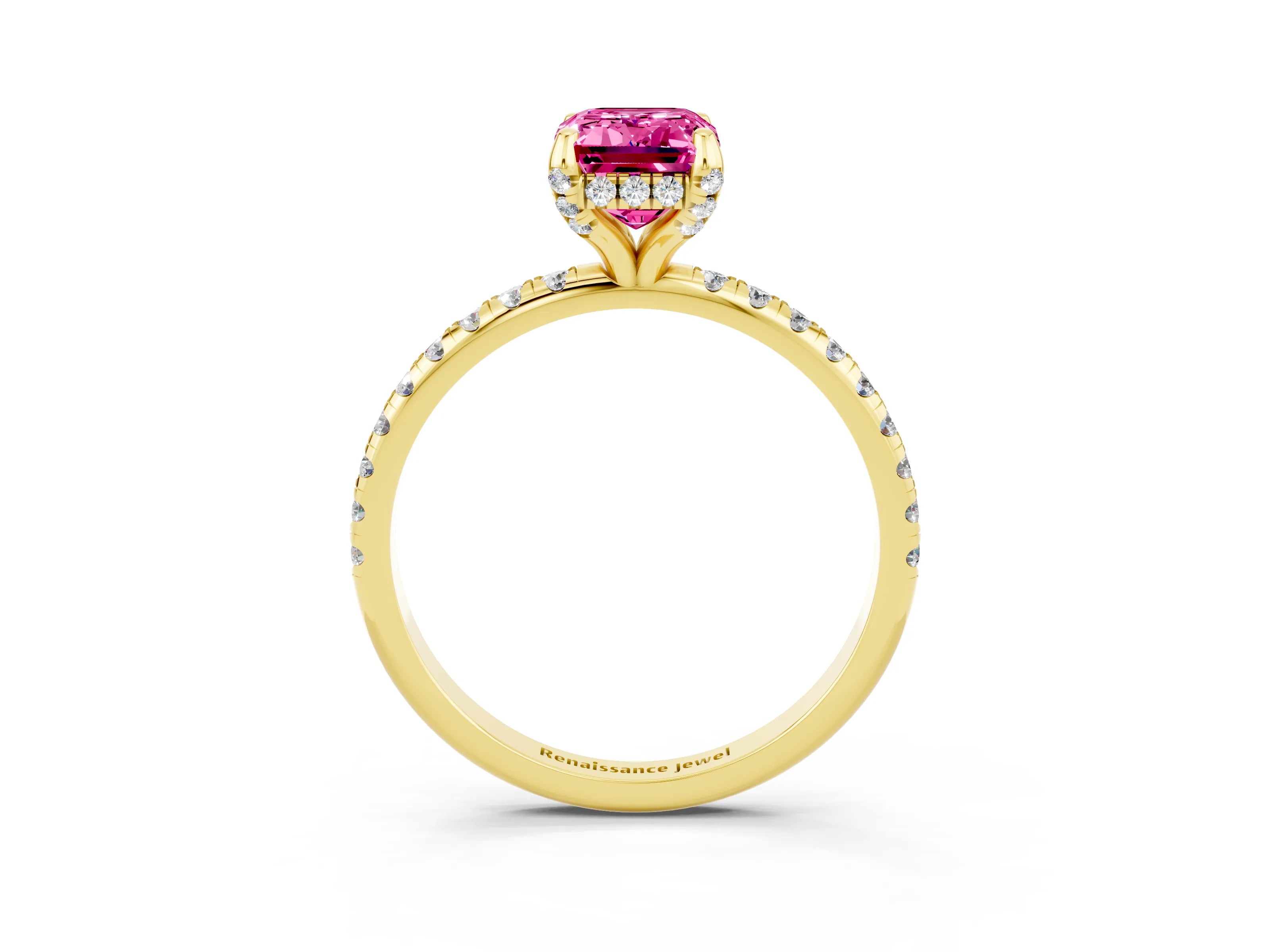 Yellow gold Emerald Cut Diamond Solitaire Ring with Four-Prong Setting and Pavé Band_3