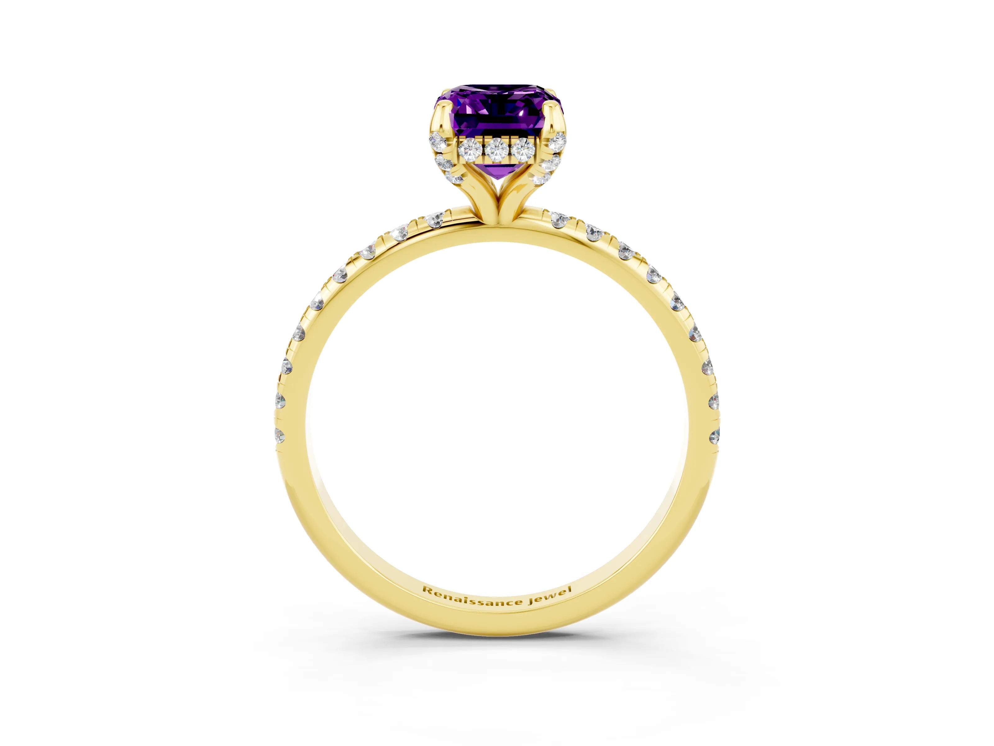 Yellow gold Emerald Cut Diamond Solitaire Ring with Four-Prong Setting and Pavé Band_3