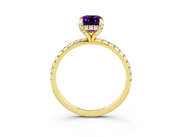 Yellow gold Emerald Cut Amethyst Hidden Halo Engagement Ring with Round Pavé Band and Prong Setting