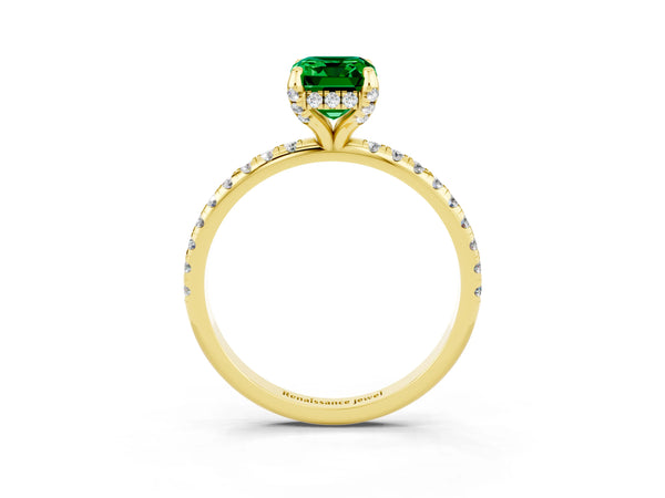 Yellow gold Emerald Cut Emerald Hidden Halo Engagement Ring with Round Pavé Band and Prong Setting