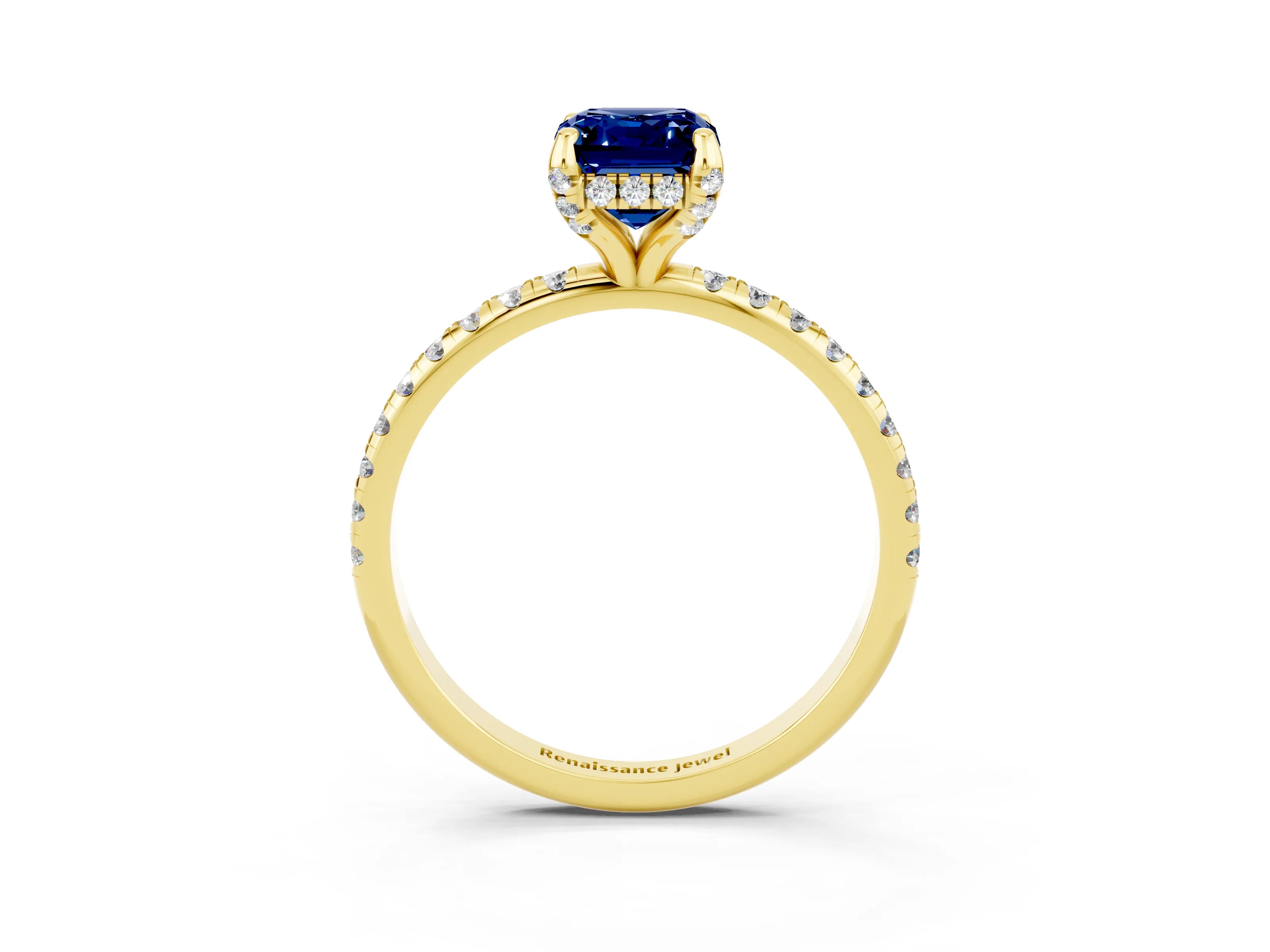 Yellow gold Emerald Cut Diamond Solitaire Ring with Four-Prong Setting and Pavé Band_3