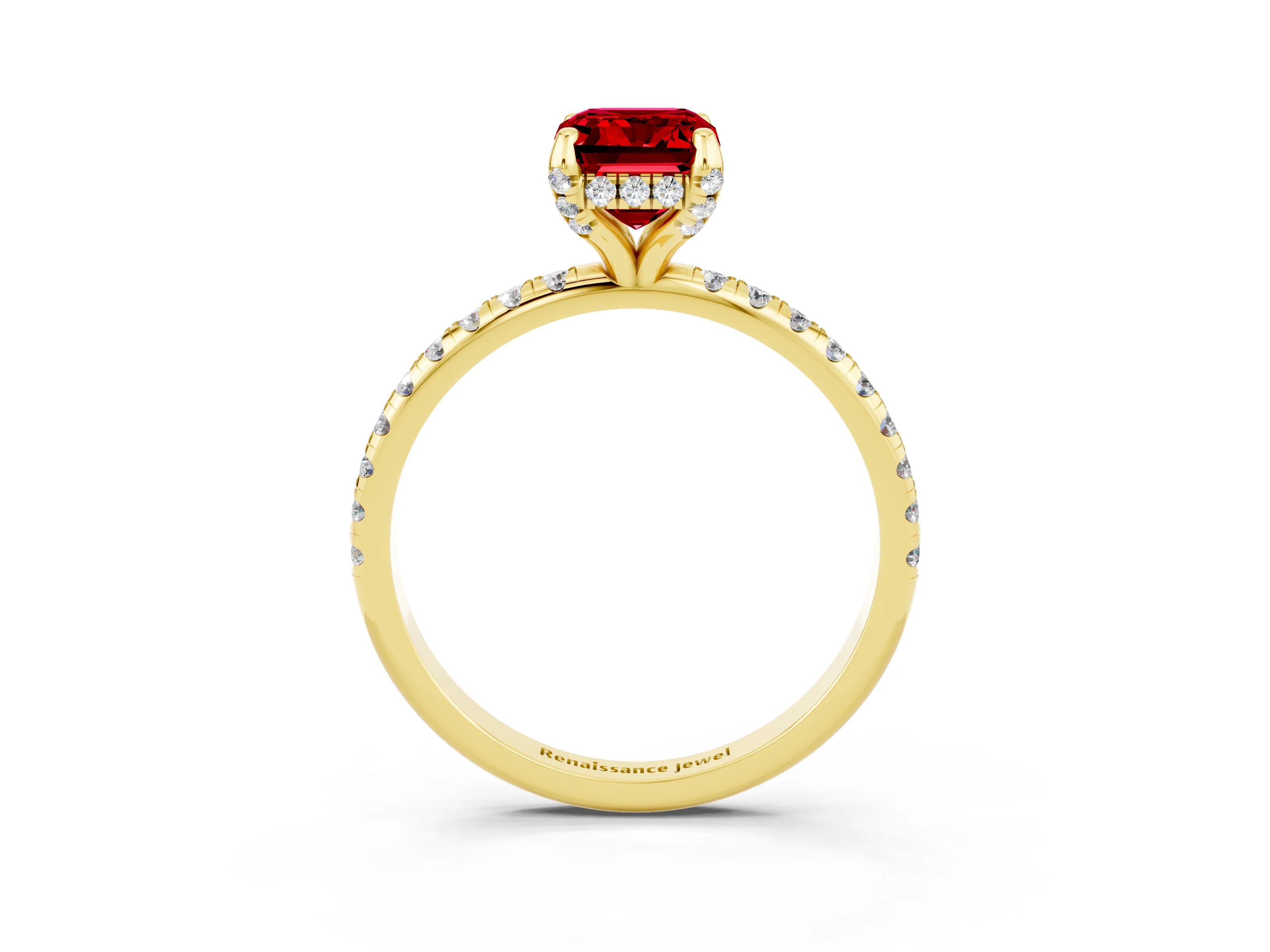 Yellow gold Emerald Cut Diamond Solitaire Ring with Four-Prong Setting and Pavé Band_3
