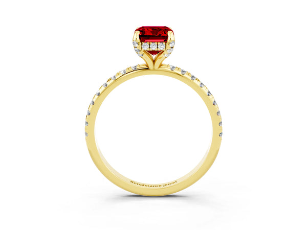 Yellow gold Emerald Cut Diamond Solitaire Ring with Four-Prong Setting and Pavé Band